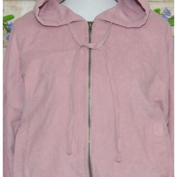 MINE Ladies Dusty Rose Pink Crop Corduroy Hooded Jacket Size L Full Zip Hoodie - Picture 3 of 12